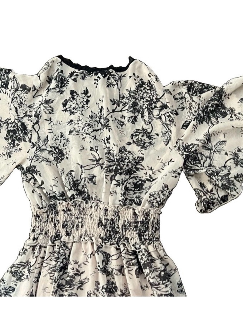 Kate & Lily Black Ivory Floral Smocked Waist Flutter Sleeve Maxi Dress Size 10 - Picture 6 of 13